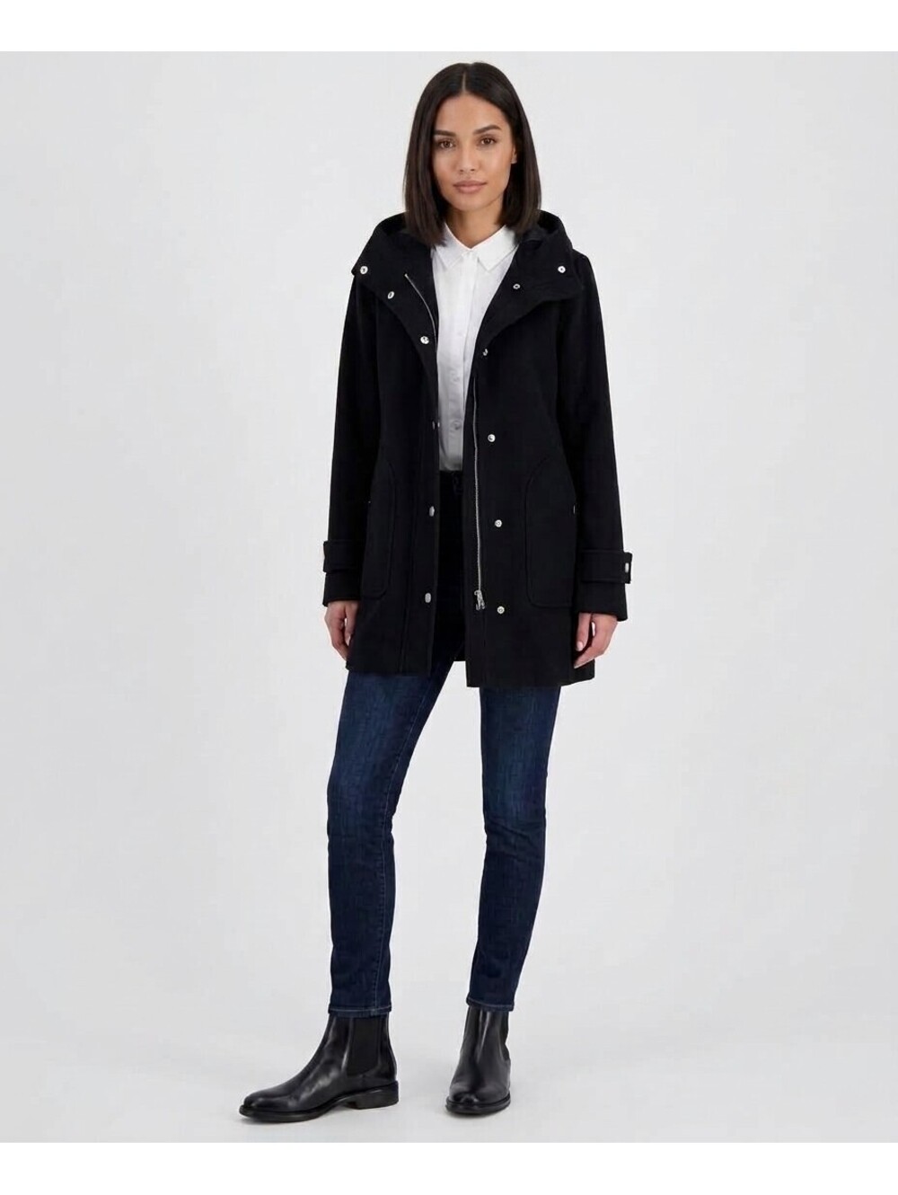 NWT MICHAEL Michael Kors Women Black Hooded Wool Blend Coat Jacket Size L